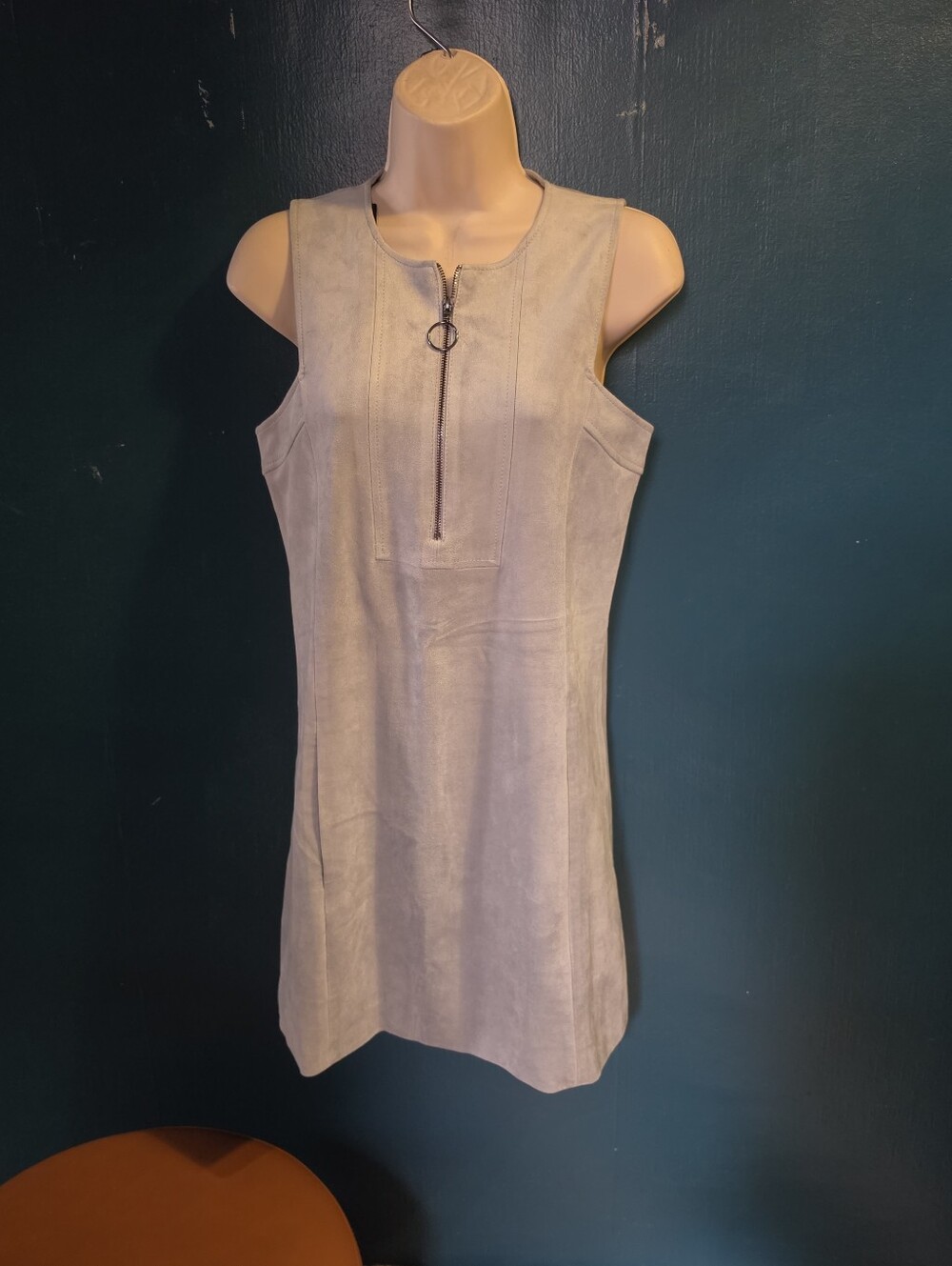 BCBGMaxAzria Gray Faux Suede Sleeveless Shift Dress with Front Ring Zip 0